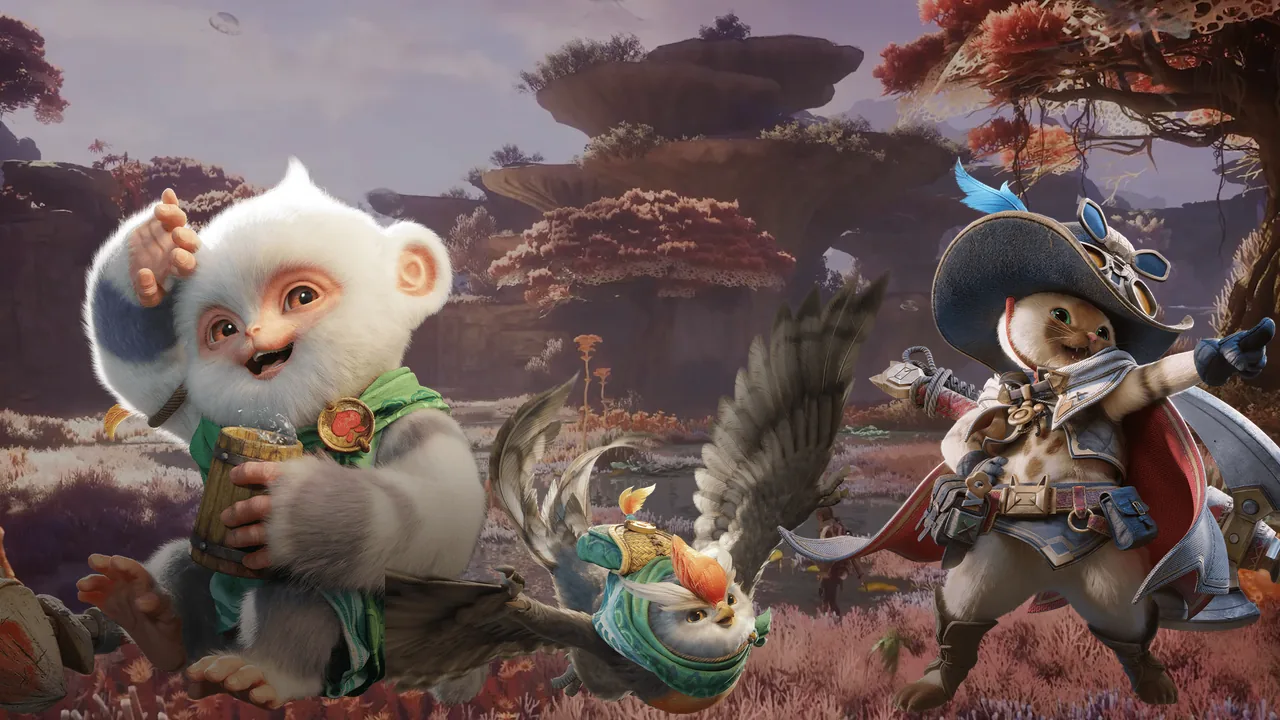 Official screenshot of Palico and owl Buddies in the foreground while a hunter glides over Aesoland, captioned Meet New Buddies