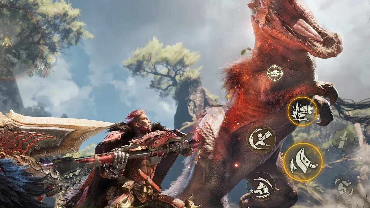 Official screenshot showing the Monster Hunter Outlanders touch control buttons during a Lance hunt against a hammer-headed wyvern