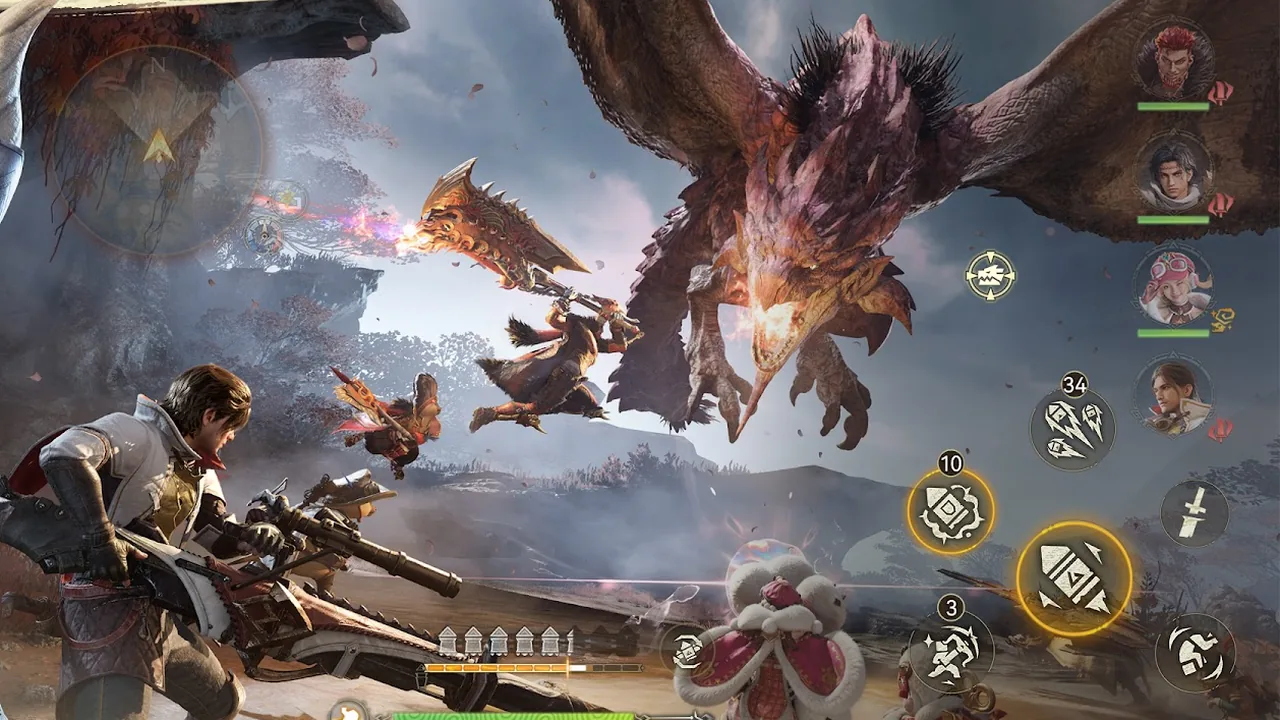 Official screenshot of a four player co-op party hunting a flying wyvern together, captioned No Quest Is Too Great, Team up anytime