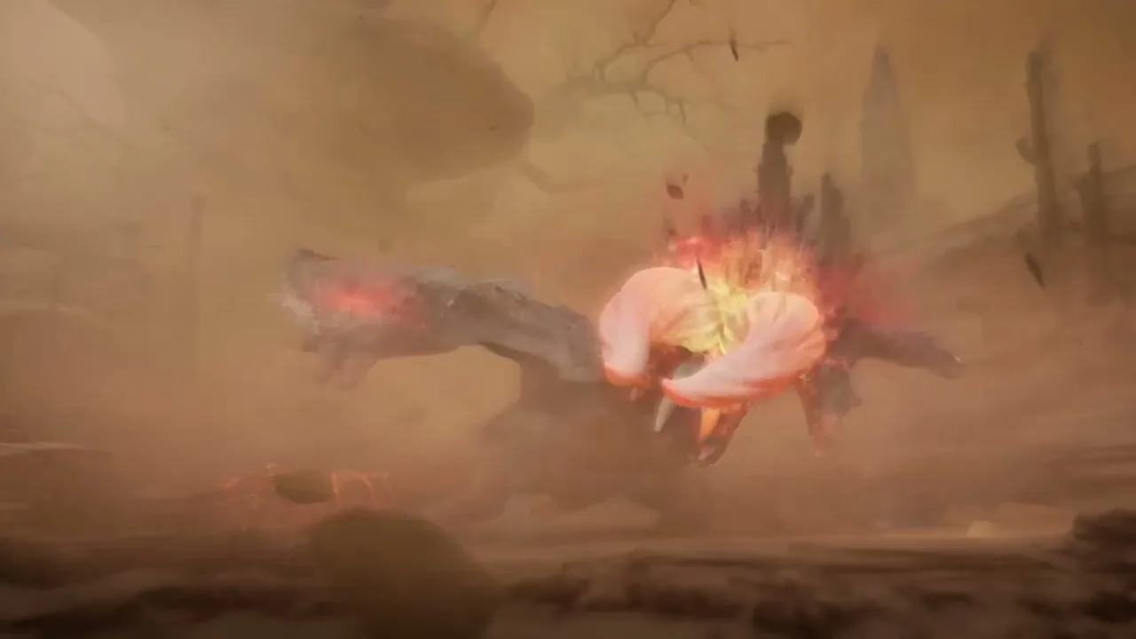 A horned monster rearing up inside a desert dust storm in Monster Hunter Outlanders