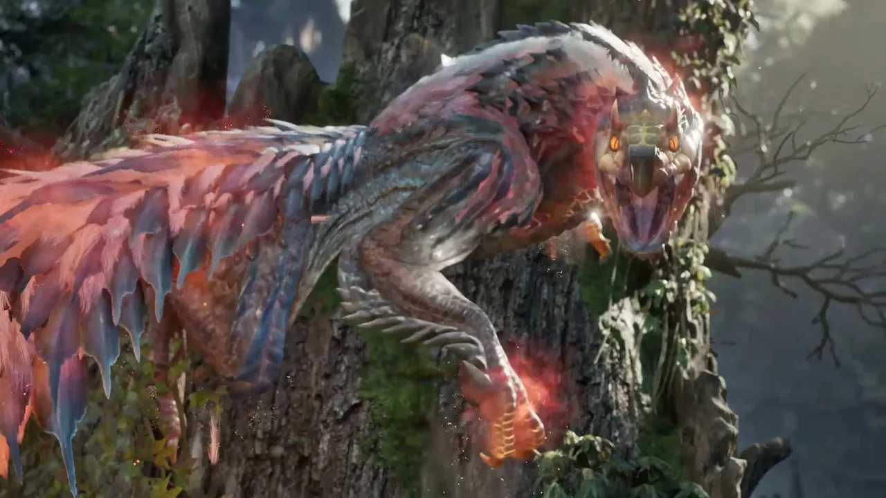 Official Tokyo Game Show 2025 trailer art of hunters and a Palico in white fur gear battling a glowing red Radiant monster