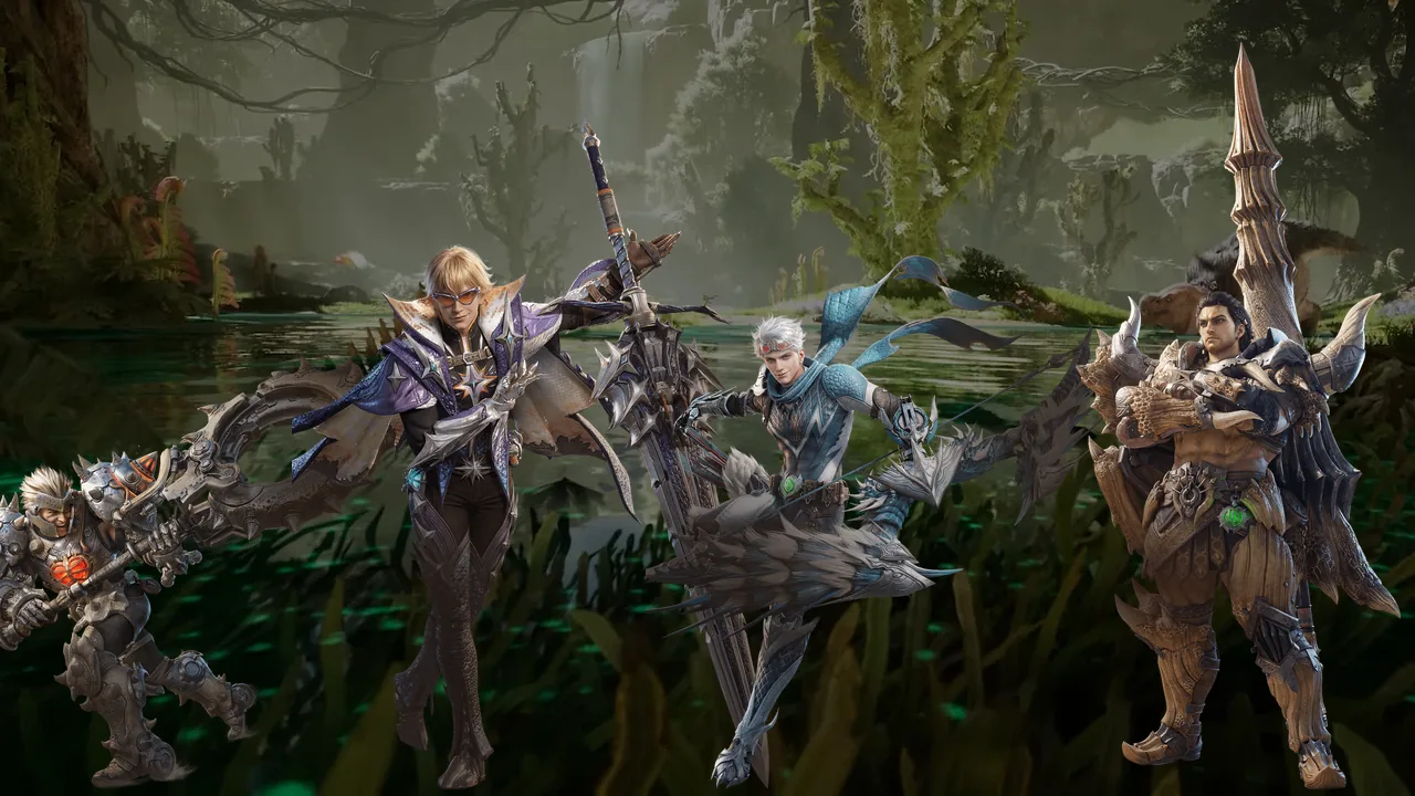 Official screenshot of a tattooed Adventurer carrying a Great Sword while a hunter fights a red brute wyvern, captioned Original Adventurers and Classic Weapons