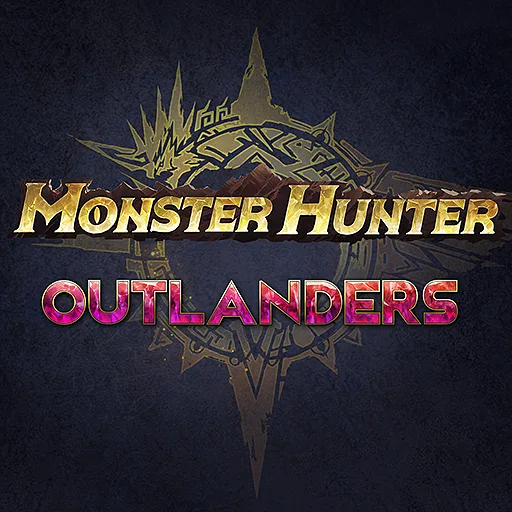 Monster Hunter Outlanders app icon: gold Monster Hunter lettering and radiant pink crystal Outlanders lettering over a gold emblem on a dark midnight background